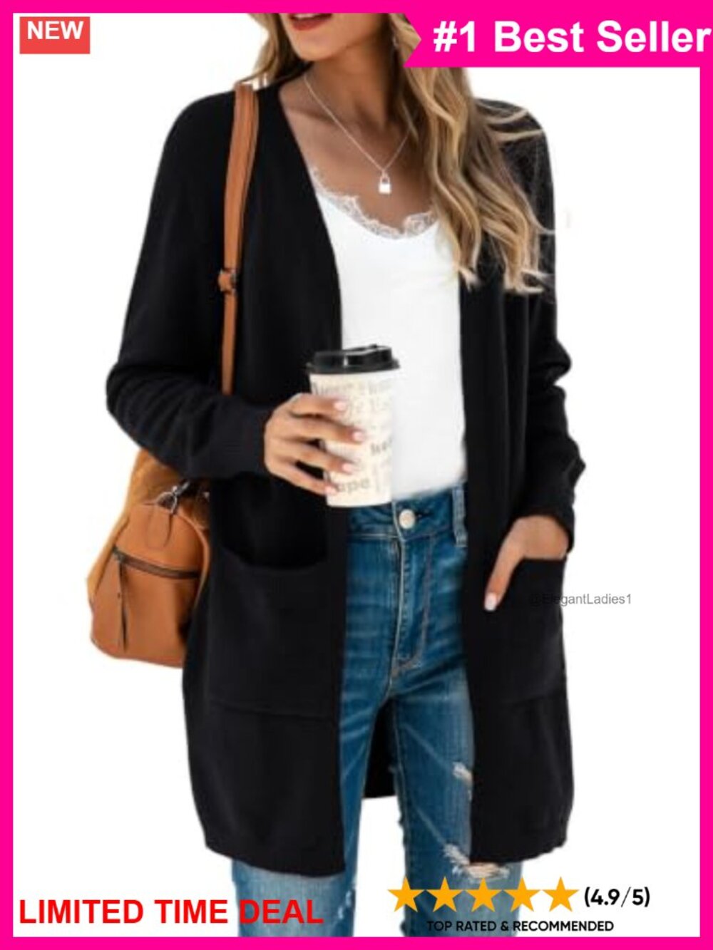Long Sleeve Open Front Knit Cardigan Sweater with Pockets